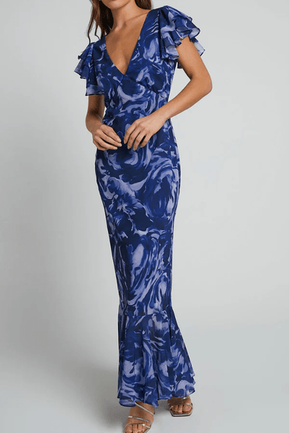 Navy Swirl V-Neck Flutter Sleeve Maxi Dress