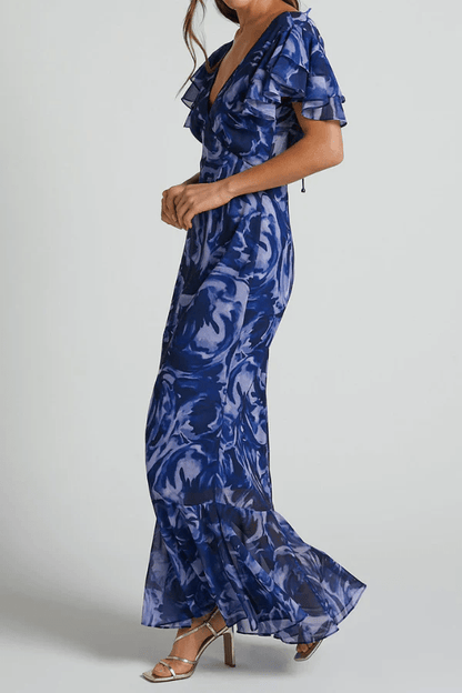 Navy Swirl V-Neck Flutter Sleeve Maxi Dress