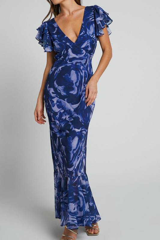 Navy Swirl V-Neck Flutter Sleeve Maxi Dress